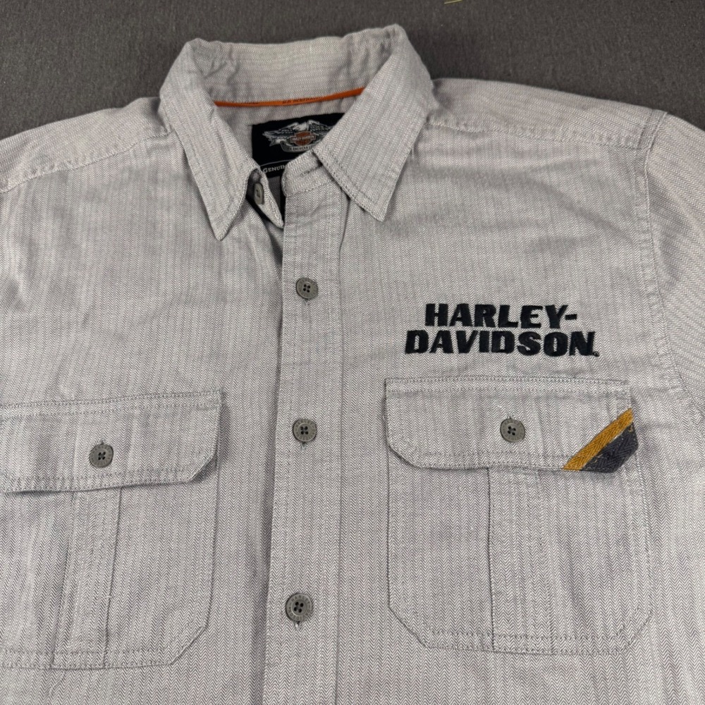 Harley-Davidson Mens Grey Herringbone Short Sleeve Button Up Shirt Large L